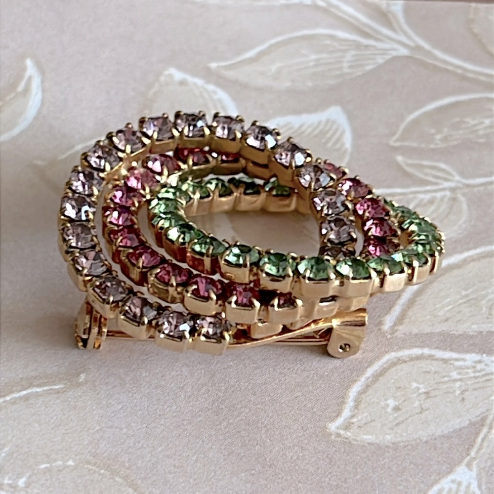 Vintage three ring prong set rhinestone brooch clip earring set uranium glass - Picture 3 of 7